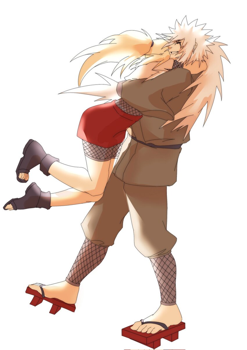 1boy 1girl blonde_hair carrying carrying_person cokiebeard couple highres hug jiraiya_(naruto) long_hair naruto_(classic) naruto_(series) simple_background tall_male tsunade_(naruto) white_hair