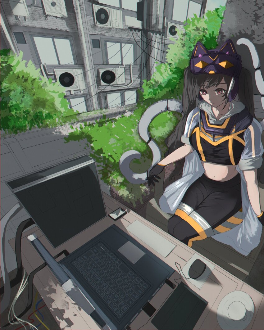 air_conditioner arm_support cable cat_mask computer computer_mouse crop_top cup day duel_monster fake_tail gloves highres i:p_masquerena jacket laptop mask mechanical_tail multicolored_pants multicolored_shirt navel pants pole purple_gloves purple_pants see-through_clothes see-through_jacket tail tight_clothes tight_pants tree twintails uragawai window yu-gi-oh! yu-gi-oh!_master_duel