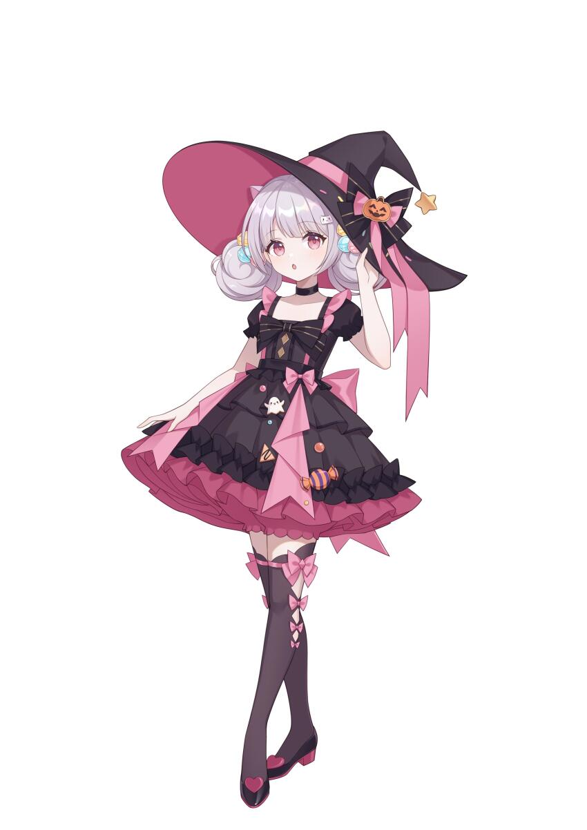 1girl :o absurdres adjusting_clothes adjusting_headwear animal_ears back_bow bcy black_bow black_choker black_dress black_footwear black_thighhighs bow bow_legwear cat_ears cat_hair_ornament choker collarbone crossed_legs dress dress_bow flat_chest frilled_dress frills full_body grey_hair hair_ornament hand_on_headwear hands_up hat hat_bow hat_ornament highres jack-o&#039;-lantern_hat_ornament layered_dress legwear_cutout lolita_fashion lollipop_hair_ornament looking_up low_twintails medium_hair pink_bow pink_dress pink_shorts puffy_short_sleeves puffy_shorts puffy_sleeves red_eyes ruan_miemie short_dress short_sleeves shorts shorts_under_dress solo star_(symbol) star_hat_ornament thighhighs twintails two-tone_dress watson_cross white_background witch_hat yuejiu