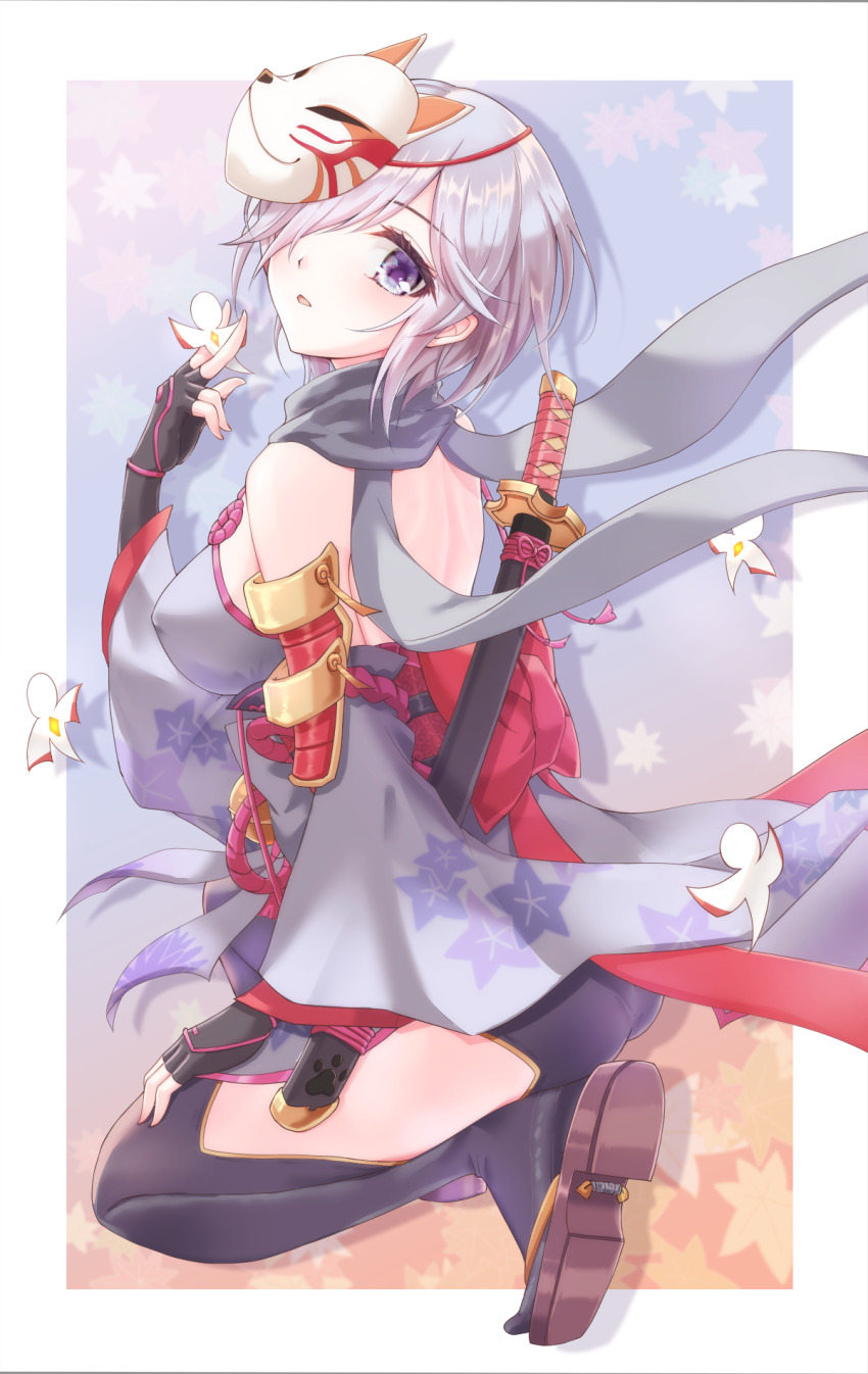 1girl ass back back_bow backless_outfit black_gloves black_pantyhose blush bow breasts brown_sandals commentary_request covered_erect_nipples detached_sleeves fingerless_gloves fox_mask full_body gloves grey_eyes grey_scarf grey_shirt hair_over_one_eye highres hip_vent katana kuma_king large_breasts looking_at_viewer looking_to_the_side mask mask_on_head open_mouth pantyhose purple_eyes purple_skirt ragnarok_online red_bow sandals scarf sheath sheathed shikigami shiranui_(ragnarok_online) shirt short_hair sideboob skirt solo sword sword_on_back waist_bow weapon weapon_on_back zouri