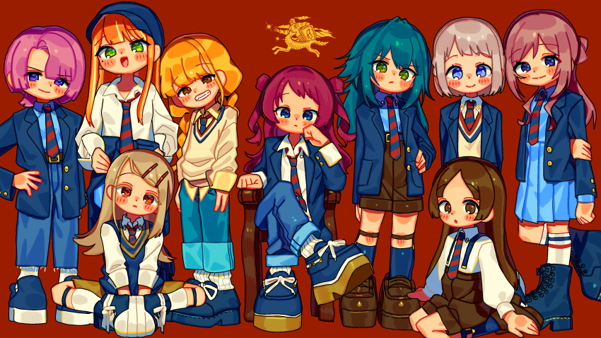 6+girls absurdres arimura_mao blonde_hair blue_jacket blush brown_hair commentary crossed_legs diagonal-striped_clothes diagonal-striped_necktie dress_shirt english_commentary everyone flipped_hair fujita_kotone full_body gakuen_idolmaster green_hair grey_hair grin hanami_saki hand_on_own_hip highres himesaki_rinami idolmaster jacket katsuragi_lilja kneeling knees_apart_feet_together kuramoto_china looking_at_viewer moai_(more_e_4km) mole mole_under_eye multiple_girls necktie orange_hair pink_hair platform_shoes red_background school_uniform shinosawa_hiro shirt shiun_sumika shoes shorts simple_background sitting smile sneakers standing straight_hair striped_clothes suspender_shorts suspenders sweater_vest tsukimura_temari twintails two-tone_necktie white_shirt