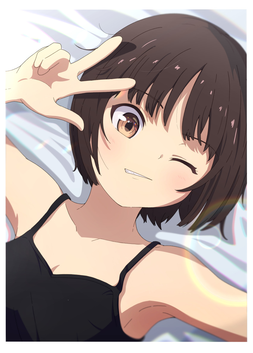 1girl absurdres amagami armpits bare_shoulders bed_sheet black_camisole blush border breasts brown_eyes brown_hair camisole cleavage close-up collarbone commentary dutch_angle from_above grin hand_up highres kagari_ds light_blush looking_at_viewer loose_hair_strand lying messy_hair on_back on_bed one_eye_closed rainbow_refraction ringed_eyes short_hair small_breasts smile smirk solo tachibana_miya w w_over_eye white_border