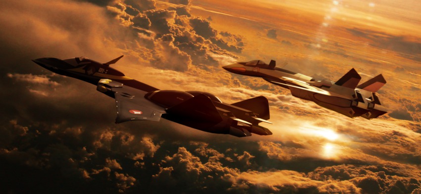 1990s_(style) 3d aircraft airplane canards cloud dusk flying jet lens_flare macross macross_plus mecha no_humans realistic retro_artstyle robot science_fiction u.n._spacy vehicle_focus yellow_man yf-19 yf-21