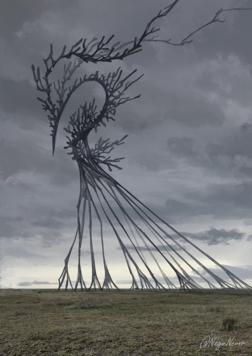 abstract absurdres antlers black_horns eldritch_abomination extra_legs giant giant_monster grey_sky highres horns keselum_(neganeura) monster monster_focus no_humans on_grass original overcast scenery signature sky solo