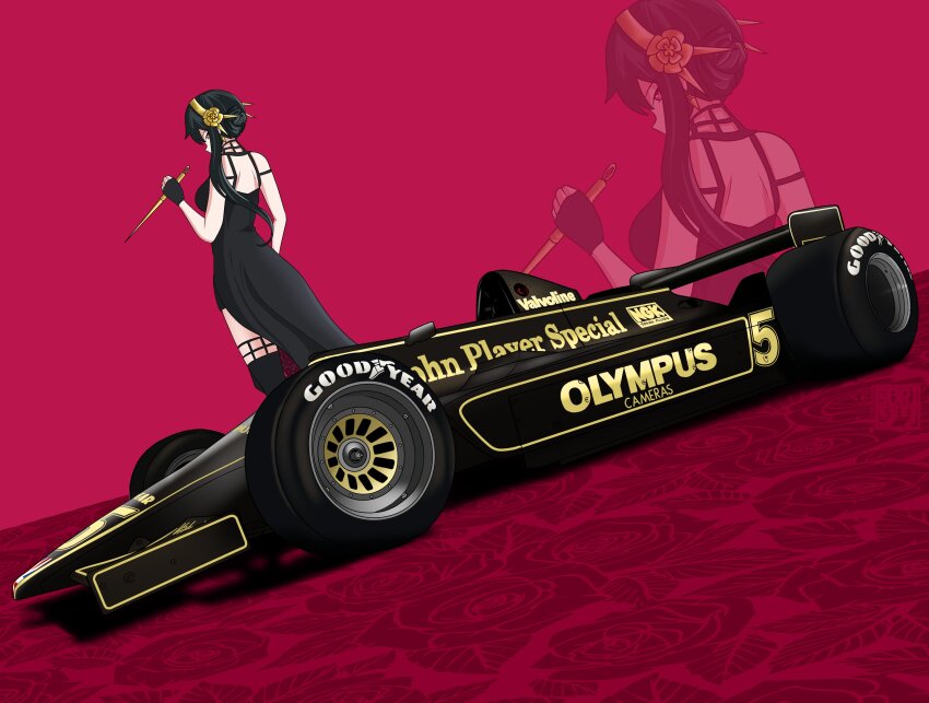 1girl absurdres artist_logo black_dress black_gloves black_hair black_thighhighs breasts car commentary dagger dress dutch_angle earrings english_commentary fingerless_gloves floating_hair floral_print formula_one formula_racer gloves gold_hairband goodyear hairband highres holding holding_dagger holding_knife holding_weapon jewelry knife large_breasts logo looking_at_viewer lotus_(brand) lotus_79 motor_vehicle profile projected_inset race_vehicle racecar red_background red_eyes rose_print short_hair_with_long_locks sideways_glance simple_background sleeveless sleeveless_dress sorithespooky spoiler_(automobile) sponsor spy_x_family standing stiletto_(weapon) thighhighs vehicle_focus weapon yor_briar
