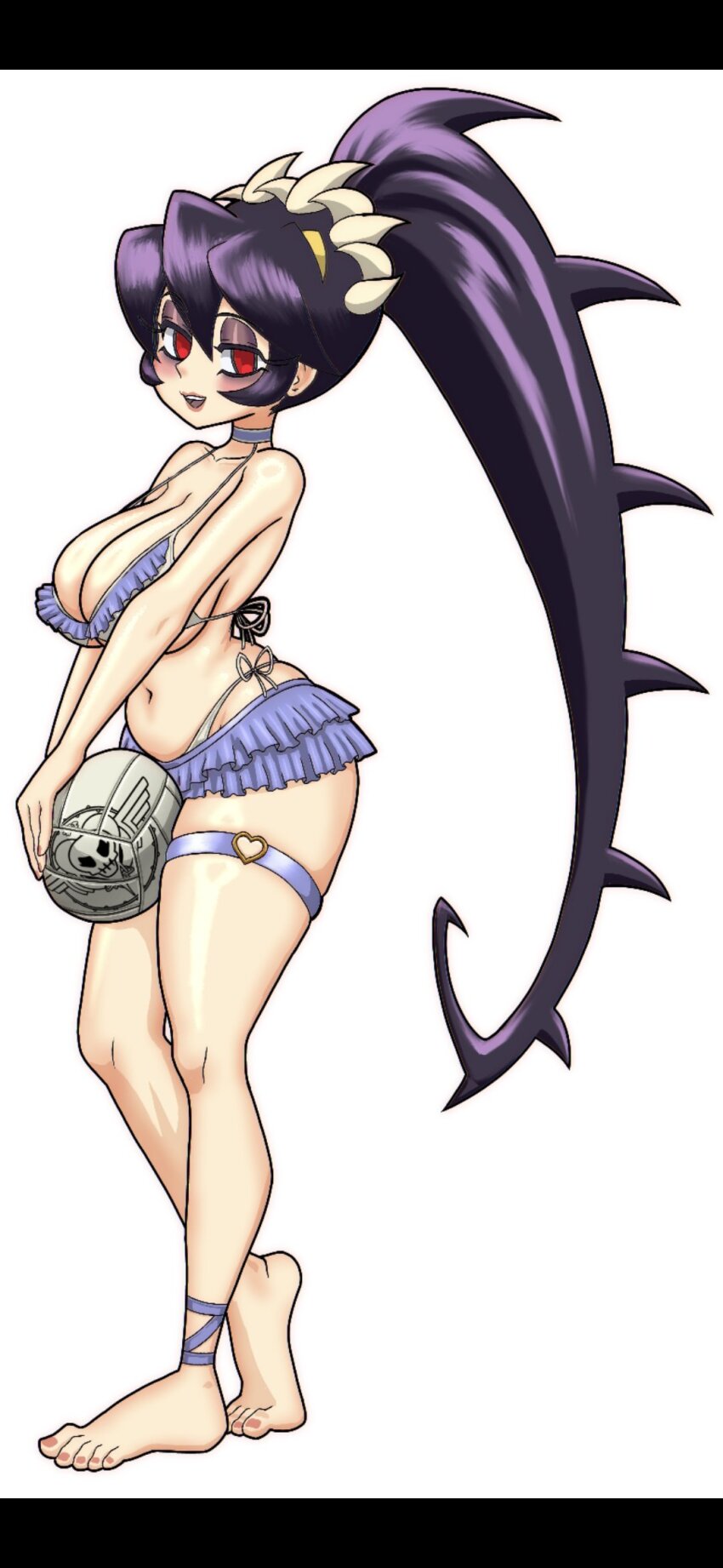 1girl 4m4y0r1 alternate_costume alternate_hairstyle amayori barefoot bikini black_hair blush breasts cleavage eyelashes eyeshadow filia_(skullgirls) frilled_bikini frills high_ponytail highres large_breasts lips living_hair long_hair makeup mascara navel ponytail prehensile_hair red_eyes samson_(skullgirls) skullgirls spanish_commentary swimsuit teeth
