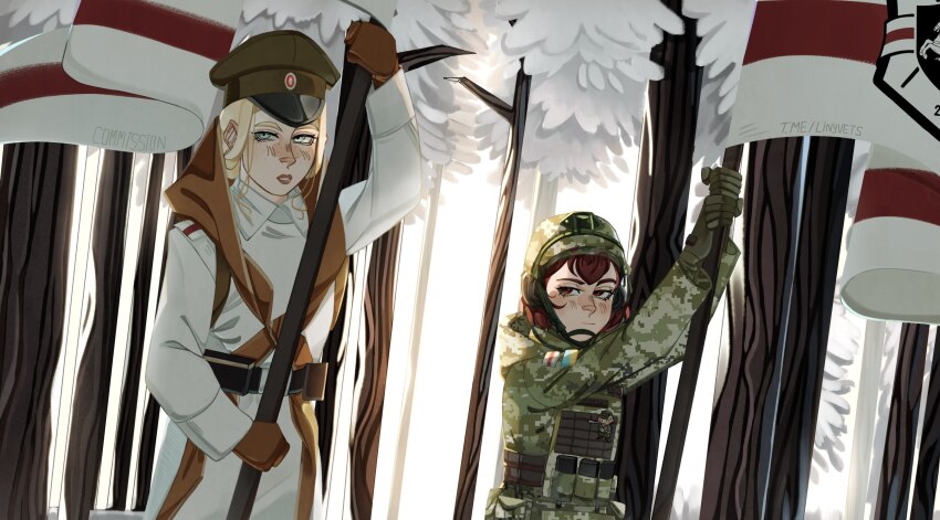 2girls ammunition ammunition_pouch artist_name belarus belarusian_flag blonde_hair blush brown_gloves bulletproof_vest camouflage coat combat_helmet commission digital_camouflage emilia_plyaterska flag fur_gloves gloves hat helmet highres holding holding_flag kastus_kalinouski_regiment kupalinka linyvets_chan lips long_coat looking_at_viewer marichka medium_hair military military_combat_uniform military_hat military_patch military_uniform morale_patch multiple_girls open_mouth original patch pouch red_lips russo-ukrainian_war signature snow soldier tree ukrainian_flag war white_coat winter winter_clothes winter_coat winter_uniform