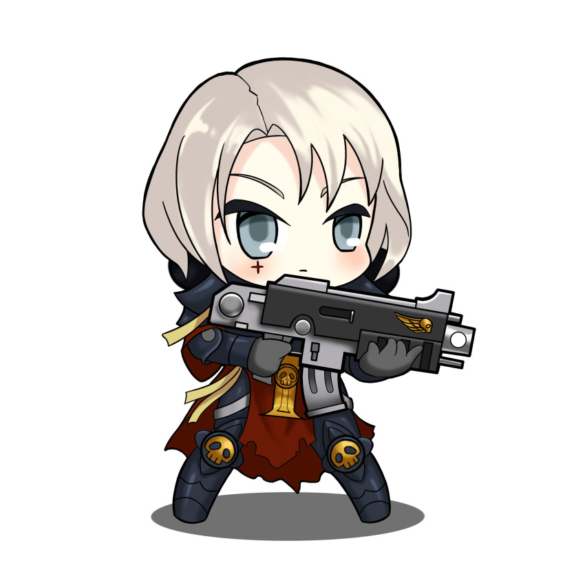1girl absurdres adepta_sororitas armor assault_rifle blue_eyes body_armor bolter chibi female_focus girls&#039;_frontline grey_hair gun highres moonface nun parchment parody pauldrons rifle shadow shoulder_armor skull solo warhammer_40k weapon
