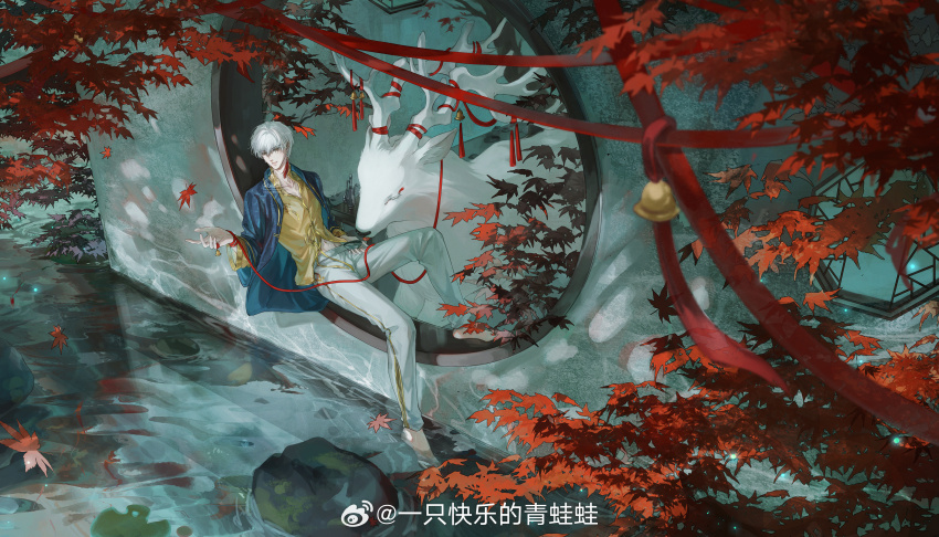 1boy absurdres aqua_pants autumn_leaves barefoot bell blue_jacket blurry bottle caustics chinese_clothes choko_(cup) cup depth_of_field earrings falling_leaves full_body garden hair_between_eyes highres holding holding_cup jacket jewelry knee_up kuailewa leaf light_and_night_love long_sleeves looking_at_object looking_to_the_side male_focus maple_leaf maple_tree midriff_peek navel open_clothes open_collar open_hand open_jacket pants parted_lips qi_sili qilin_(mythology) reaching reclining red_ribbon ribbon rock round_window shirt short_hair single_earring sitting sitting_in_window soaking_feet solo table tassel tassel_earrings tree water watermark weibo_watermark white_hair window wrist_ribbon yellow_eyes yellow_shirt