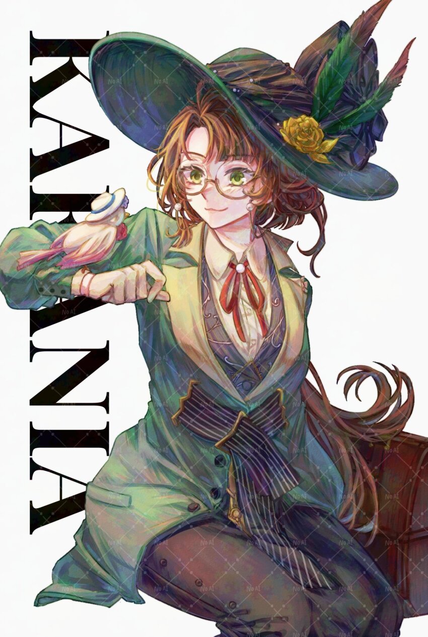 1girl animal_on_arm animalization bird bird_on_arm black_skirt brown_bag brown_hair character_name collared_shirt cowboy_shot eyewear_strap feathers flower glasses gloves green_eyes green_feathers green_hat green_jacket hand_up hat hat_feather hat_flower highres invisible_chair isolde_(reverse:1999) jacket kakania_(reverse:1999) long_hair long_skirt looking_at_animal low_ponytail nak_a_rt neck_ribbon picture_hat ponytail red_ribbon reverse:1999 ribbon round_eyewear shirt sitting skirt smile solo watermark watermark_grid white_background white_gloves white_shirt yellow_flower