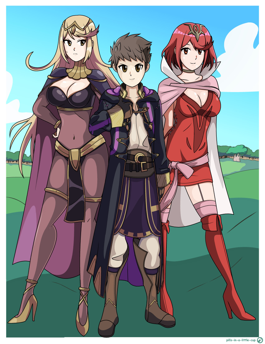 1boy 2girls absurdres blonde_hair bodystocking bracelet breasts bridal_gauntlets brown_hair cape circlet cleavage cosplay covered_navel fire_emblem fire_emblem_awakening gloves headpiece highres hood hooded_robe jewelry large_breasts long_hair looking_at_viewer male_robin_(fire_emblem) male_robin_(fire_emblem)_(cosplay) monado multiple_girls mythra_(xenoblade) navel nintendo pills_a pyra_(xenoblade) ragnell red_eyes red_hair rex_(xenoblade) robe short_hair skin_tight tharja_(fire_emblem) tharja_(fire_emblem)_(cosplay) tiara tiki_(adult)_(fire_emblem) tiki_(fire_emblem) tiki_(fire_emblem)_(cosplay) two-tone_cape two_side_up very_long_hair wizard xenoblade_chronicles_(series) xenoblade_chronicles_2 yellow_eyes