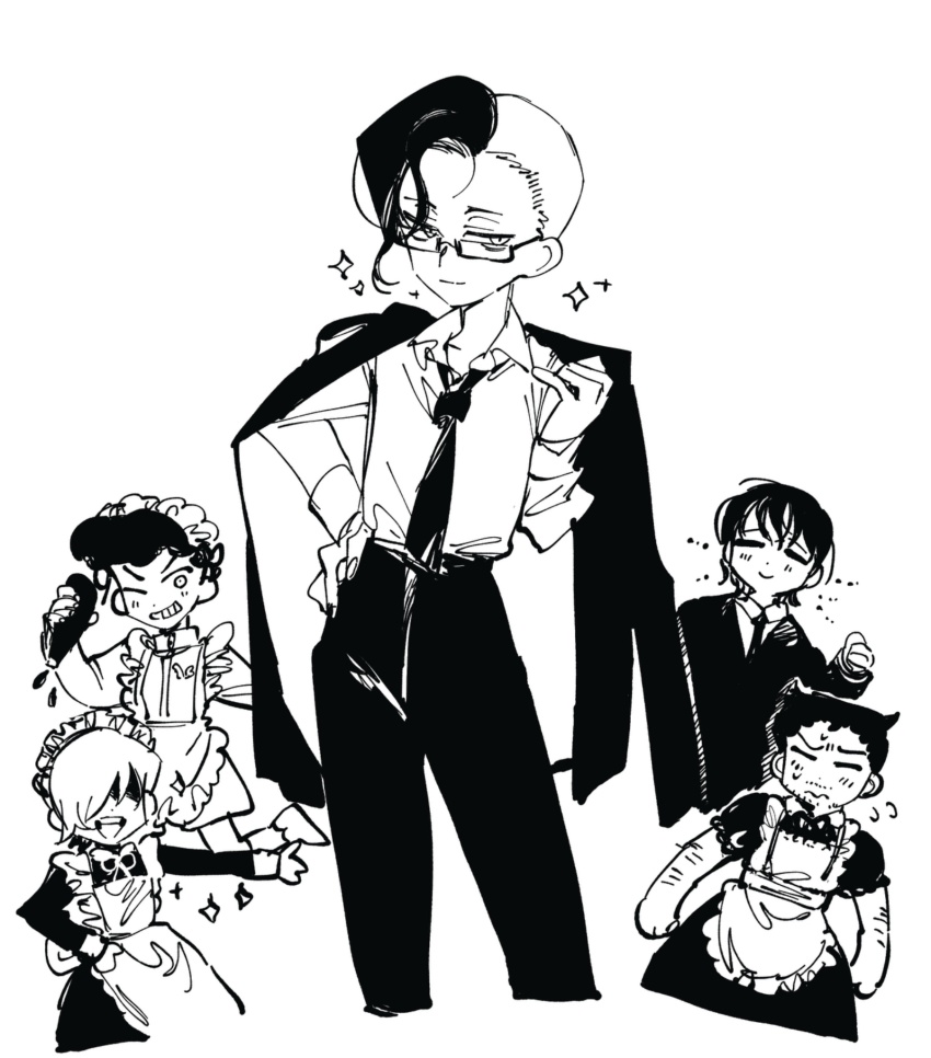 2girls 3boys alternate_costume angel_(omori) apron butler charlene_(omori) closed_eyes closed_mouth collared_shirt enmaided faceless faceless_male female_butler flying_sweatdrops glasses greyscale grin hand_on_own_hip highres kim_(omori) konoito_nui long_sleeves looking_at_viewer maid maid_apron maid_headdress mikhael_(omori) monochrome multiple_boys multiple_girls necktie omori one_eye_closed open_mouth pants parted_lips puffy_short_sleeves puffy_sleeves rectangular_eyewear semi-rimless_eyewear shaded_face shirt short_hair short_sleeves simple_background smile sparkle sweatdrop teeth under-rim_eyewear upper_teeth_only vance_(omori)