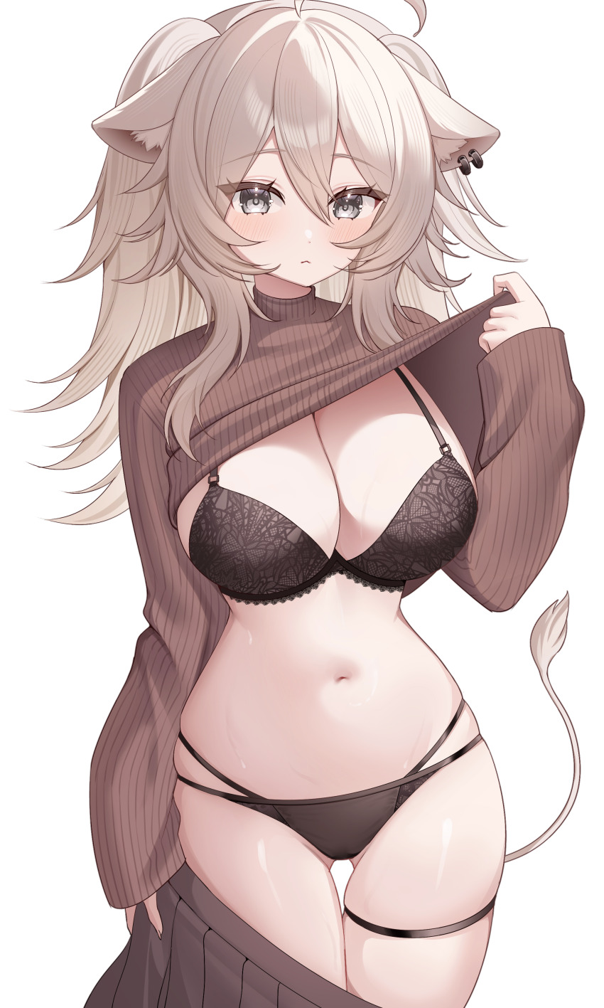1girl absurdres ahoge alternate_costume animal_ear_fluff animal_ear_piercing animal_ears black_bra black_panties bra breasts cleavage closed_mouth clothes_lift clothes_pull cowboy_shot demcheg double-parted_bangs grey_eyes grey_hair grey_skirt grey_sweater hair_between_eyes hand_up highres hololive lace lace-trimmed_bra lace_trim large_breasts lion_ears lion_tail long_hair long_sleeves looking_at_viewer messy_hair multi-strapped_panties navel panties pleated_skirt ribbed_sweater shishiro_botan sidelocks simple_background skirt skirt_pull solo stomach sweater sweater_lift tail thigh_gap thigh_strap turtleneck turtleneck_sweater two_side_up underwear virtual_youtuber white_background