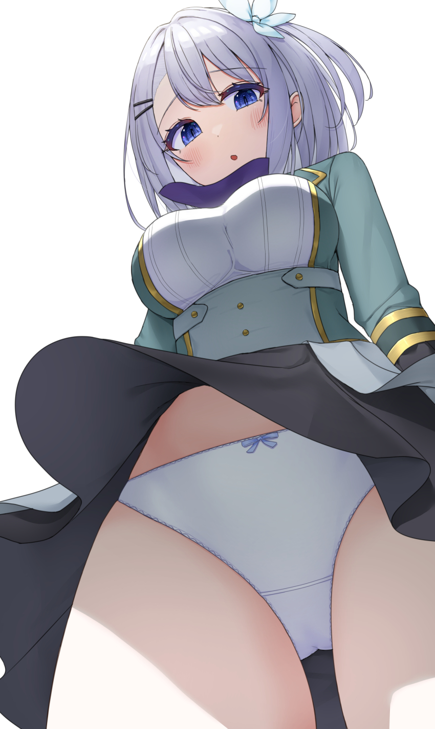 1girl :o absurdres ascot asigaru3000 black_skirt blue_eyes bow bow_panties breasts from_below green_jacket hair_intakes hair_ornament hairclip highres hikikomari_kyuuketsuki_no_monmon jacket large_breasts long_sleeves looking_down medium_hair panties pantyshot purple_ascot purple_bow sakuna_memoire simple_background skirt standing underwear white_background white_hair white_panties