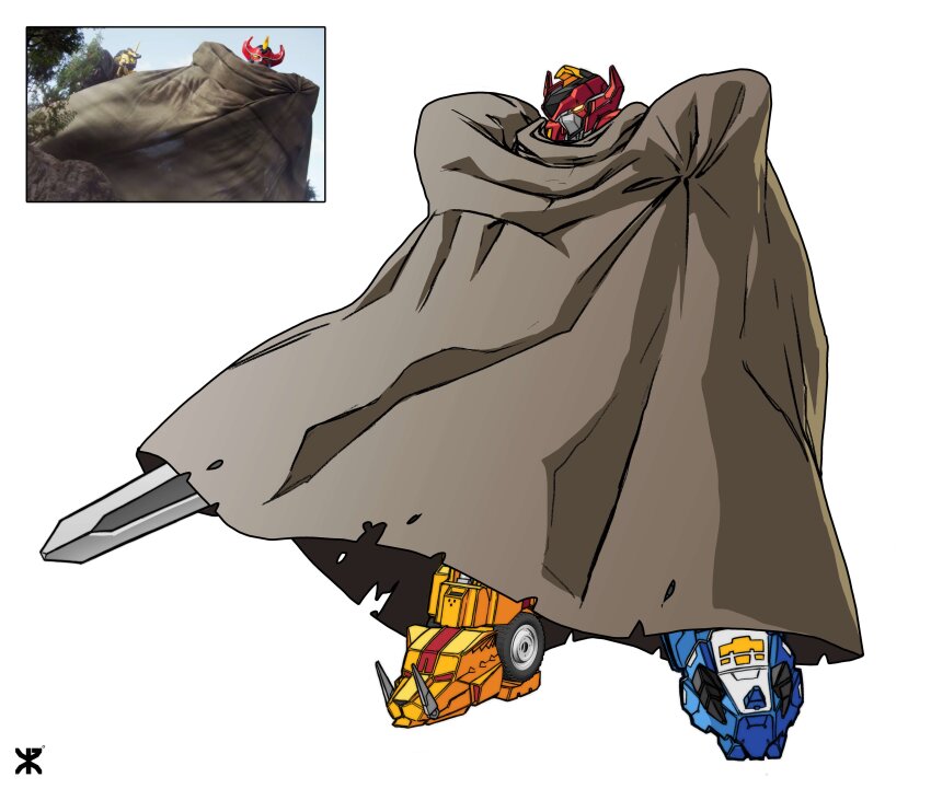 1boy absurdres apoloniodraws brown_cloak cloak daizyuzin full_body highres holding holding_sword holding_weapon kyouryuu_sentai_zyuranger male_focus mecha no.1_sentai_gozyuger robot screenshot_inset simple_background solo super_sentai sword weapon white_background