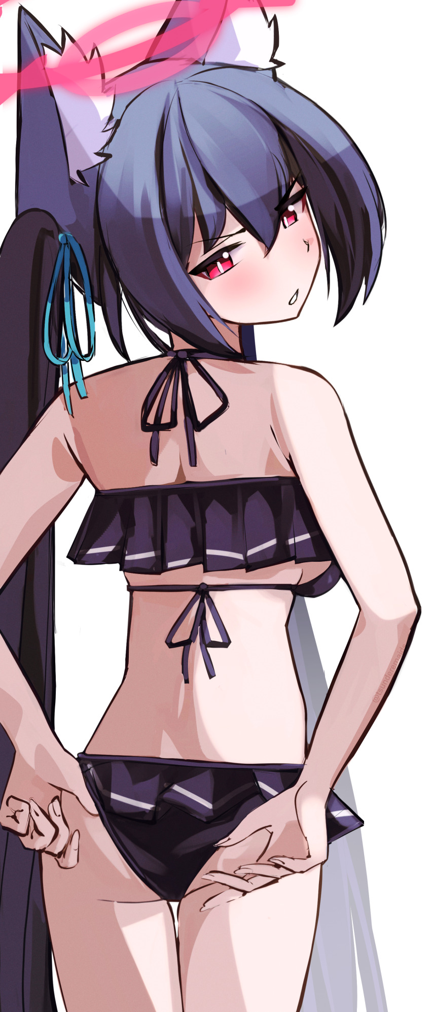 1girl absurdres adjusting_clothes adjusting_swimsuit animal_ear_fluff animal_ears bikini black_bikini black_hair blue_archive cat_ears cat_girl frilled_bikini frills hair_between_eyes hair_ribbon halo highres long_hair looking_back red_eyes red_halo ribbon serika_(blue_archive) serika_(swimsuit)_(blue_archive) sidelocks simple_background solo standing swimsuit tsunderemaids twintails white_background