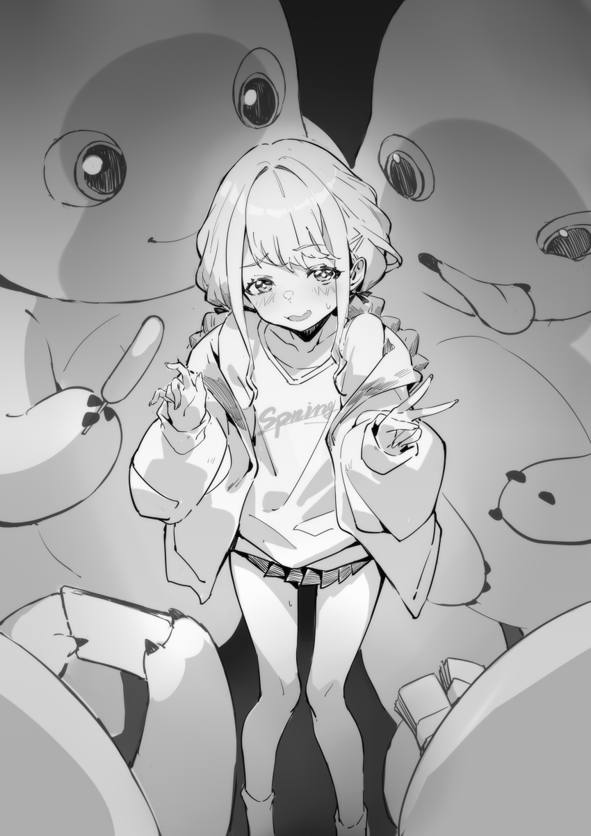 1girl absurdres blush commentary_request crossover dragon food fujita_kotone gakuen_idolmaster greyscale highres holding holding_food idolmaster jacket looking_at_another miniskirt monochrome nailong nailong_(character) off_shoulder open_clothes open_jacket pleated_skirt sausage shanyao_jiang_tororo skirt solo surrounded sweat tongue tongue_out v wavy_mouth