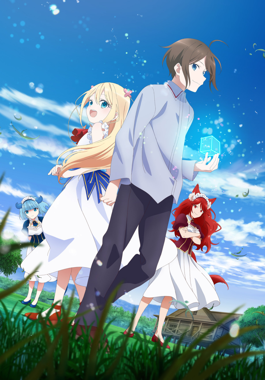 1boy 3girls animal_ears aqua_eyes black_pants blonde_hair blue_eyes blue_footwear blue_hair blunt_bangs brown_hair charlotte_zenfis collared_shirt commentary_request crossed_arms dragon_girl dragon_horns dress flay_(jitsuoresaikyo) grey_shirt haruto_zenfis highres horns jitsu_wa_ore_saikyou_deshita? key_visual liza_(jitsuoresaikyo) long_hair multiple_girls official_art pants promotional_art red_eyes red_footwear red_hair shirt skirt swept_bangs tail white_dress white_headdress white_skirt