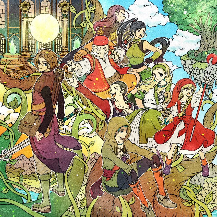 3girls 5boys aqua_hair bald bangle beard black_gloves black_hair black_shirt blonde_hair boots bracelet braid breasts brown_hair camus_(dq11) clenched_hand closed_eyes covered_navel crop_top dragon_quest dragon_quest_xi dress earrings facial_hair fez_hat fingerless_gloves floating_island full_body gloves green_dress green_hairband greig_(dq11) grey_pants hair_between_eyes hair_over_shoulder hair_tie hairband hand_on_own_chest hat hero_(dq11) highres holding holding_instrument holding_lyre holding_staff holding_sword holding_weapon hood hood_up hooded_dress instrument jewelry juliet_sleeves long_hair long_sleeves lyre martina_(dq11) medium_breasts medium_hair midriff mountain multiple_boys multiple_girls mustache old old_man open_mouth orange_pants outstretched_arm pants parted_bangs plant ponytail puffy_short_sleeves puffy_sleeves purple_boots purple_hair purple_tunic red_dress red_hat red_vest row_(dq11) senya_(dq11) sheath shirt short_hair short_sleeves sitting sleeveless sleeveless_shirt smile sphere_earrings staff sword sylvia_(dq11) toriga tree tunic twin_braids two-tone_dress veronica_(dq11) vest vines weapon white_dress white_hair white_shirt