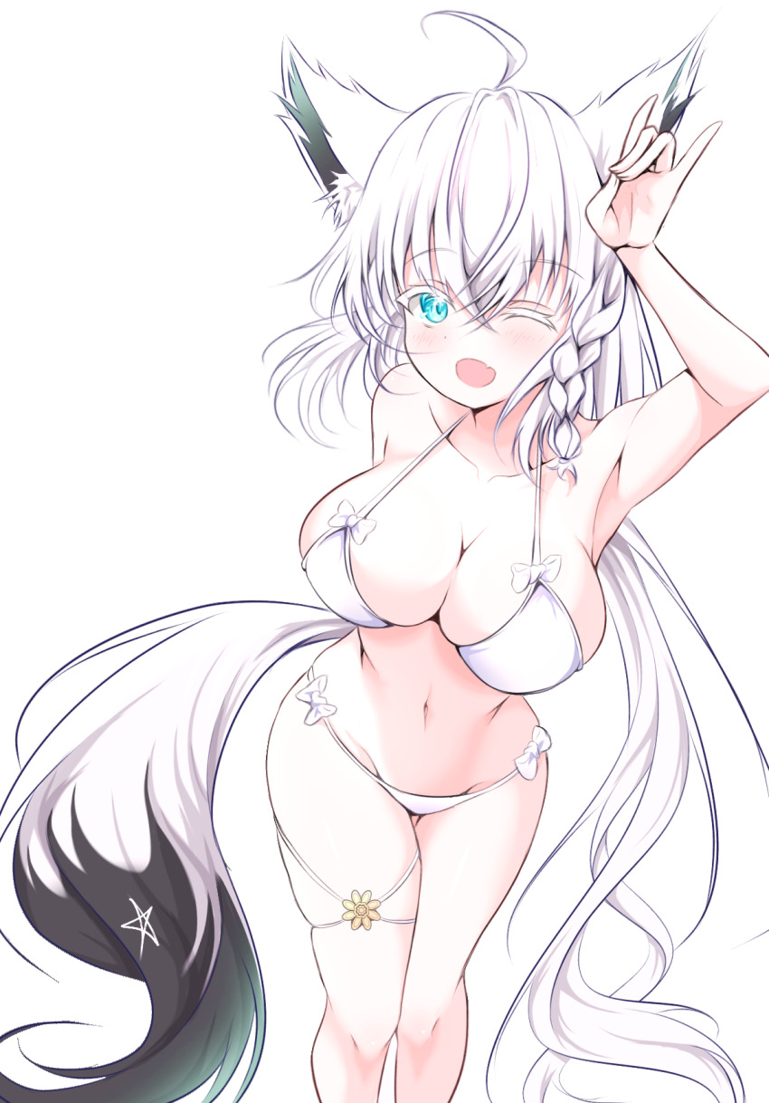 1girl ahoge animal_ear_fluff animal_ears bikini blush braid breasts commentary_request fang fox_ears fox_girl fox_shadow_puppet fox_tail green_eyes hair_between_eyes highres hololive jewelry large_breasts long_hair looking_at_viewer one_eye_closed open_mouth pentagram reborn_(killia_kiryu) shirakami_fubuki sidelocks simple_background single_braid skin_fang solo swimsuit tail thigh_strap virtual_youtuber white_background white_bikini white_hair