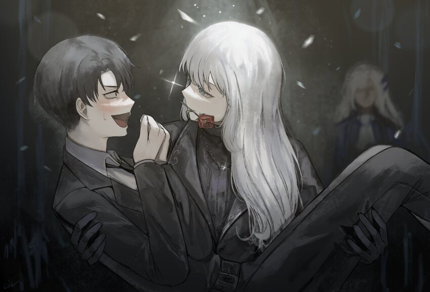 1girl 2boys angelica_(project_moon) argalia_(project_moon) ascot black_eyes black_gloves black_hair black_jacket black_necktie black_pants black_sweater blue_eyes blue_jacket blush carrying carrying_person cindymeimezu collared_shirt eye_contact flower gloves highres jacket jewelry lapels library_of_ruina long_hair looking_at_another mouth_hold multiple_boys necklace necktie notched_lapels open_mouth pants princess_carry project_moon red_flower red_rose reverse_princess_carry ribbed_sweater ring ring_necklace roland_(project_moon) rose shirt short_hair signature silver_trim sparkle sweater turtleneck turtleneck_sweater white_ascot white_hair white_shirt wing_collar