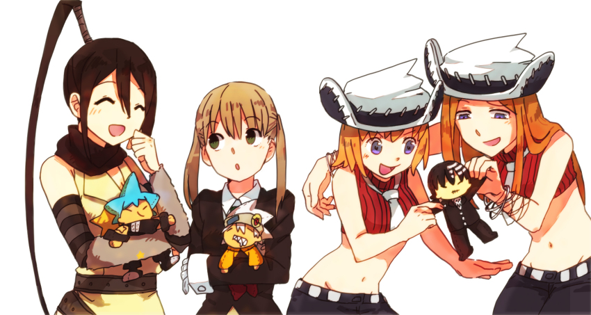 4girls arm_on_another&#039;s_shoulder black_star blonde_hair blush brown_hair cardigan collared_shirt cowboy_hat crop_top death_the_kid elizabeth_thompson giggling green_eyes hat high_ponytail hugging_doll hugging_object long_hair maka_albarn midriff multiple_girls nakatsukasa_tsubaki necktie patricia_thompson ponytail purple_eyes ro_(tuyu_416) shirt short_hair soul_eater soul_evans stuffed_toy twintails