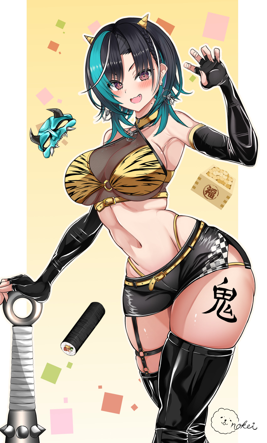 1girl absurdres alternate_costume black_gloves black_hair black_shorts black_thighhighs body_writing breasts cleavage club club_(weapon) elbow_gloves fingerless_gloves gloves green_hair halterneck highres hololive hololive_dev_is inokeiwd jewelry kanabou multicolored_hair oni race_queen rindo_chihaya see-through_cleavage see-through_clothes shorts spiked_club streaked_hair thighhighs virtual_youtuber weapon white_hair