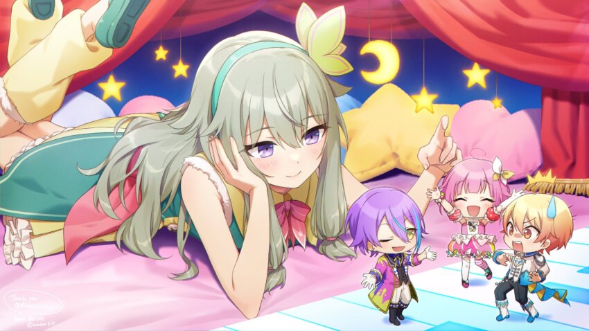 2boys 2girls akabino chibi closed_eyes dress green_dress green_hair green_hairband hairband highres kamishiro_rui kusanagi_nene long_hair low-tied_sidelocks lying multiple_boys multiple_girls on_stomach one_eye_closed ootori_emu open_mouth pillow project_sekai sidelocks silver skirt sleeveless smile star_(symbol) star_symbol_background surprised tenma_tsukasa wonderlands_x_showtime_(project_sekai)