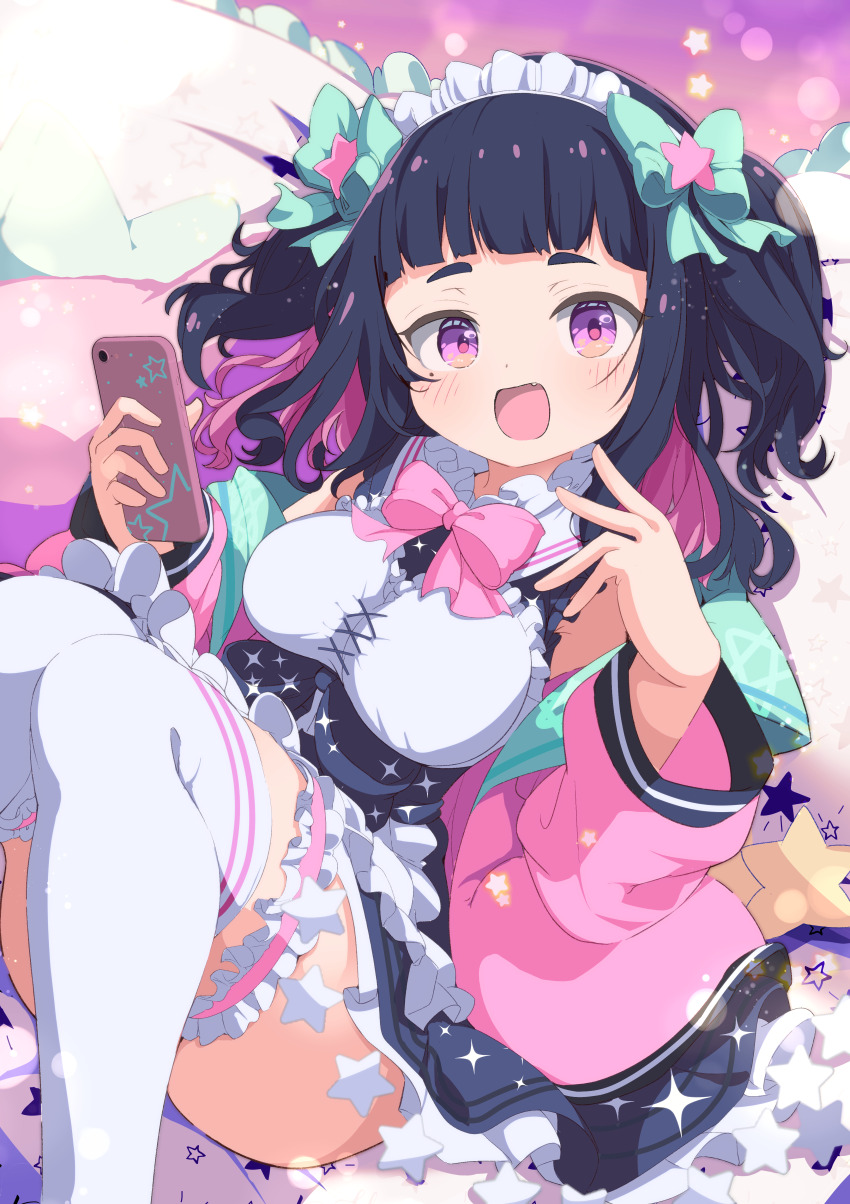 1girl absurdres aqua_bow black_hair blush bow bowtie breasts cellphone colored_inner_hair commission dress frills hair_bow highres holding holding_phone jacket large_breasts long_hair looking_at_viewer maid maid_headdress medium_breasts multicolored_hair open_clothes open_jacket open_mouth original phone pillow pink_bow pink_eyes pink_hair pink_jacket purple_eyes shiro9jira skeb_commission skirt smartphone smile solo star_(symbol) thighhighs two-tone_hair two_side_up virtual_youtuber white_thighhighs