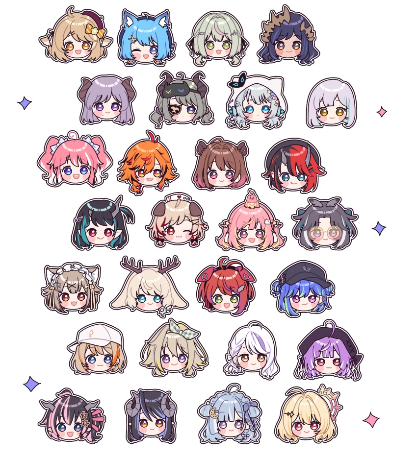 6+girls absurdres ahoge akane_canna akane_canna_(2nd_costume) amaui and_uge animal animal_ears animal_on_head antlers baseball_cap beret bird bird_on_head black_hair black_headwear blonde_hair blue_eyes blunt_bangs bob_cut bow braid brown_eyes brown_hair brown_headwear brown_horns capybara_ears capybara_girl chibi closed_mouth commentary_request curled_horns demon_girl demon_horns dog_ears double_bun earrings everyone eyepatch fake_animal_ears fang fang_out glasses gradient_hair green_eyes green_hair grey_bow grey_hair grey_horns hair_between_eyes hair_bow hair_bun hair_ornament hairclip halo hat head_only headphones hebiyoi_tier hebiyoi_tier_(1st_costume) highres hinata_mashu hinokuma_ran hira_hikari hood hood_up horns ieiri_popo ieiri_popo_(2nd_costume) inaba_haneru_(animare) jewelry kanade_kanon kazami_kuku kino_haruc kisaki_anko kohaku_yuri kohaku_yuri_(2nd_costume) konan_mia konan_mia_(3rd_costume) light_brown_hair long_bangs looking_at_viewer maid_headdress multicolored_hair multiple_girls nanashi_inc. nurse_cap oinomori_may oinomori_may_(1st_costume) on_head one_eye_closed open_mouth orange_hair oura_rukako oura_rukako_(2nd_costume) pink-tinted_eyewear pink_hair pointy_ears purple_eyes purple_hair red_hair rimless_eyewear ryugasaki_rene ryugasaki_rene_(3rd_costume) saionji_mary sekishiro_mico seshima_rui shimamura_charlotte shishio_chris shishio_chris_(3rd_costume) shisui_kiki shisui_kiki_(2nd_costume) short_hair simple_background sleep_mask smile souya_ichika souya_ichika_(5th_costume) streaked_hair suzumi_nemo suzumi_nemo_(2nd_costume) tinted_eyewear touri_sei touri_sei_(2nd_costume) tsukinoki_tirol twintails v-shaped_eyebrows virtual_youtuber white_background white_headwear white_hood yunohara_izumi
