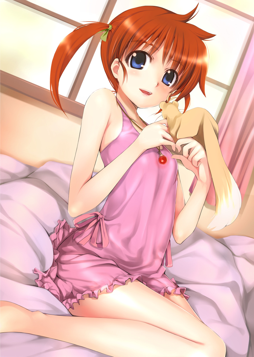 1girl absurdres bare_shoulders blush bow brown_hair ferret highres lyrical_nanoha mahou_shoujo_lyrical_nanoha mikazuki_akira! nightgown on_bed purple_eyes raising_heart raising_heart_(standby_mode) short_hair short_twintails smile tail takamachi_nanoha twintails window yuuno_scrya