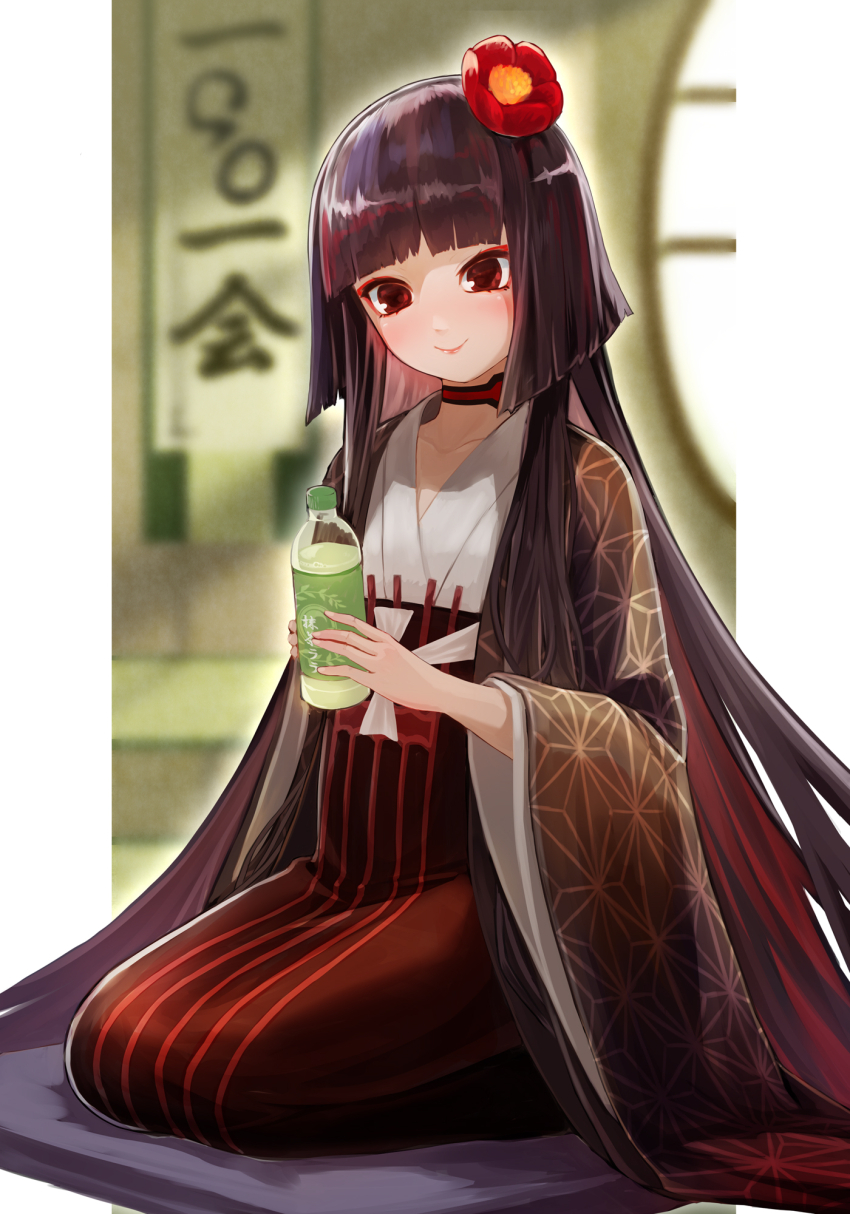1girl black_eyes black_hair black_hakama black_kimono blunt_bangs bottle breasts choker eyeliner fate/grand_order fate_(series) flower hair_flower hair_ornament hakama hakama_skirt harnetyss highres japanese_clothes kimono komahime_(fate) layered_clothes layered_kimono long_hair long_sleeves makeup obi sash seiza sitting skirt small_breasts smile solo very_long_hair white_kimono wide_sleeves