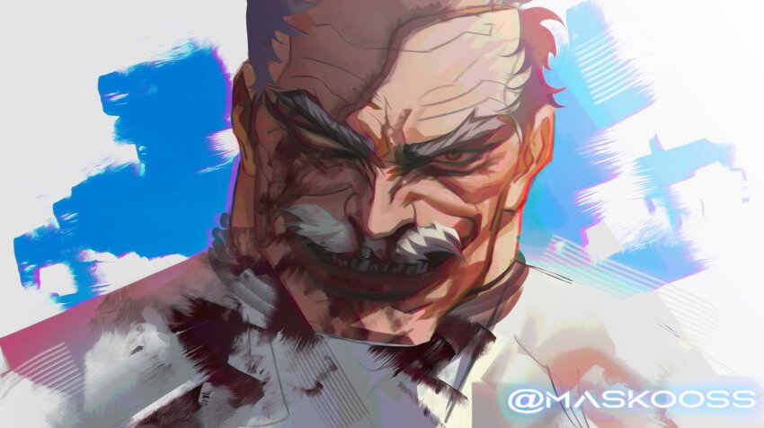 1boy @_(symbol) artist_name balding balding blind_eye blood blood_on_clothes blood_on_face bodysuit conquest_(invincible) facial_hair highres invincible_(series) maskoo185826 mustache old old_man partially_blind scar scar_across_eye scar_on_face scar_on_head smile solo superhero_costume thick_mustache white_hair