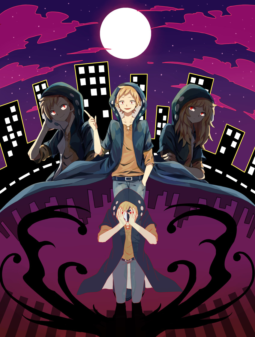 1boy belt black_belt black_coat blonde_hair brown_hair brown_shirt cityscape cloud coat full_moon grey_pants highres hood hood_up hooded_coat kagerou_project kano_shuuya karidome long_hair long_sleeves looking_at_viewer mask moon multiple_views night night_sky open_mouth pants red_eyes shirt sky smile v-neck yobanashi_deceive_(vocaloid)