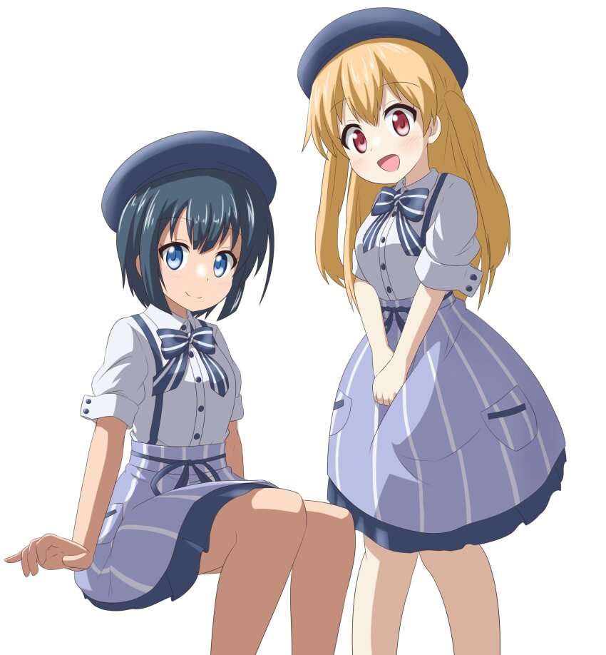 2girls absurdres blue_eyes blue_hair blush brown_hair dot_nose female_focus hat highres long_hair looking_at_viewer medium_hair minagi_hiyori minagi_koharu multiple_girls nanog_eb1994 open_mouth red_eyes short_sleeves simple_background sitting slow_loop standing step-siblings waitress waitress_uniform white_background