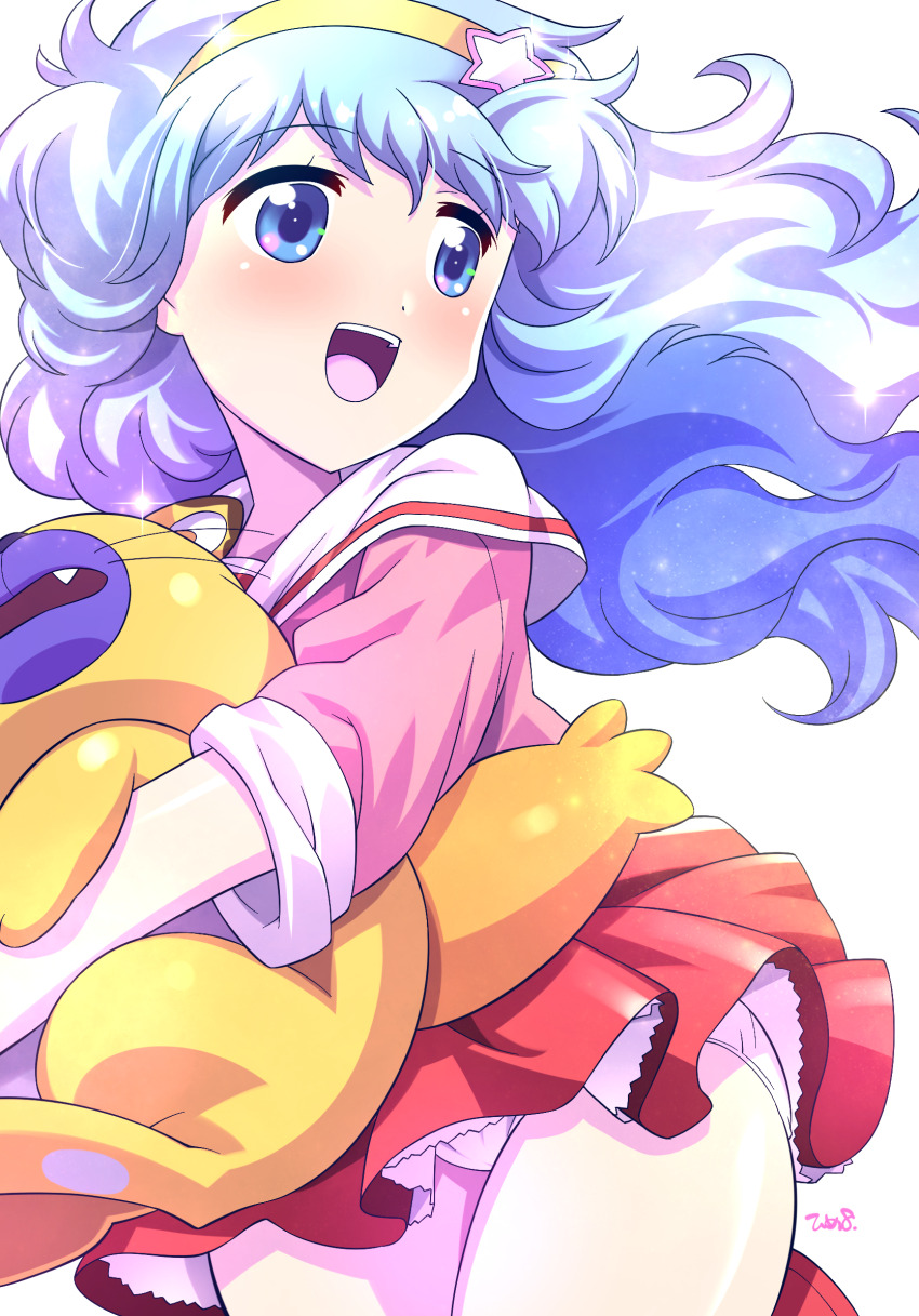 1girl :d animal blue_eyes blue_hair cat floating_hair hairband highres himehachi_(hime8manga) holding holding_animal holding_cat long_hair mahou_no_yousei_persia miniskirt open_mouth panties pantyshot persia_(mahou_no_yousei_persia) pink_shirt pleated_skirt red_skirt sailor_collar shirt simba_(persia) skirt smile star_(symbol) teeth underwear upper_teeth_only white_panties white_sailor_collar yellow_hairband