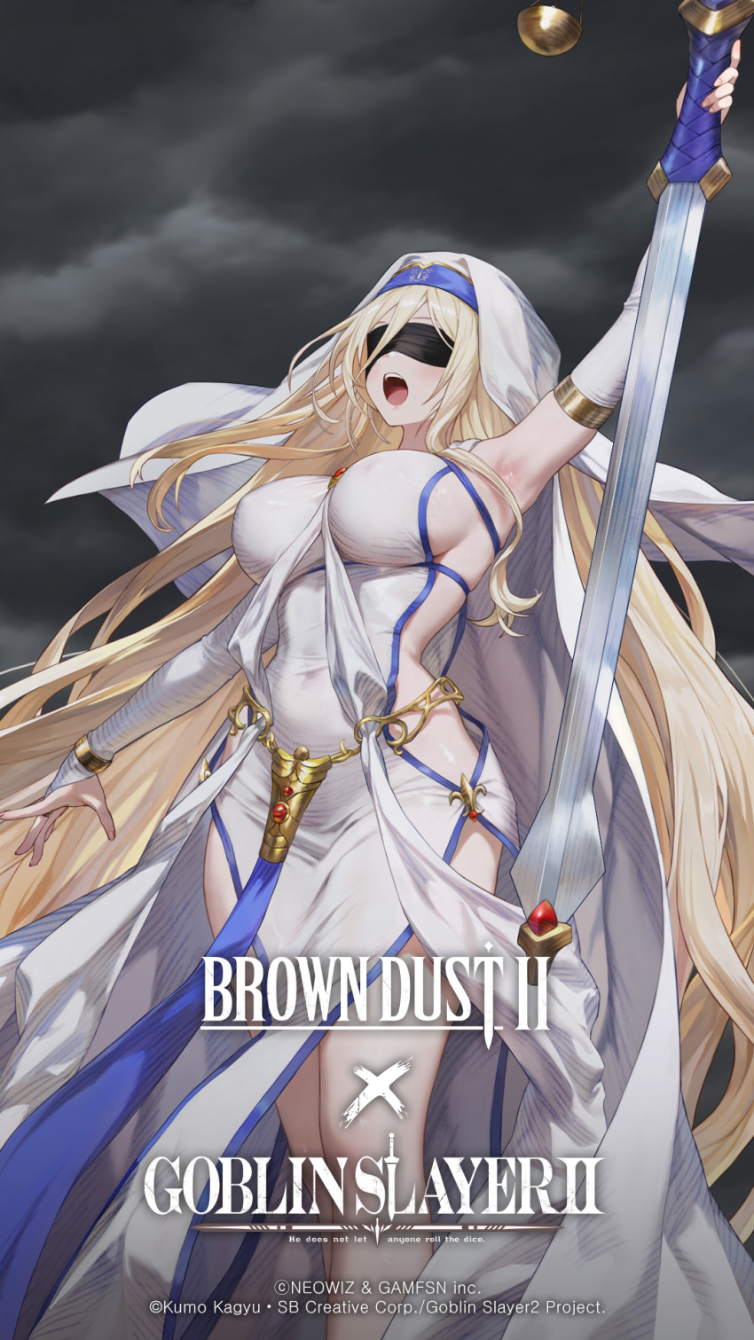 1girl blindfold blonde_hair breasts brown_dust_(series) brown_dust_2 copyright_name elbow_gloves gloves goblin_slayer! highres holding holding_sword holding_weapon large_breasts long_hair official_art official_wallpaper robe solo sword sword_maiden veil very_long_hair weapon white_gloves white_robe white_veil