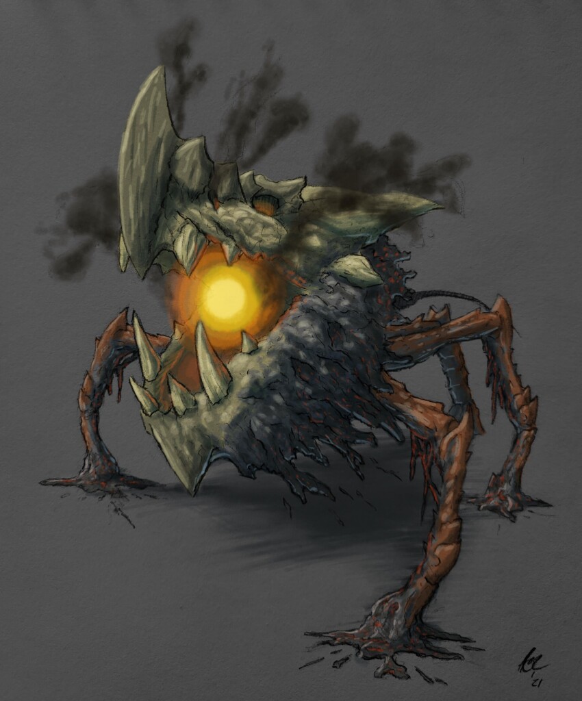 artist_request capcom claws creature creepy exoskeleton fanart_digital fantasy full_body glowing glowing_eyes highres menace monster monster_hunter_(series) multiple_limbs mutation shen_gaoren_(monster_hunter) smoke smoke_trail solo source_request