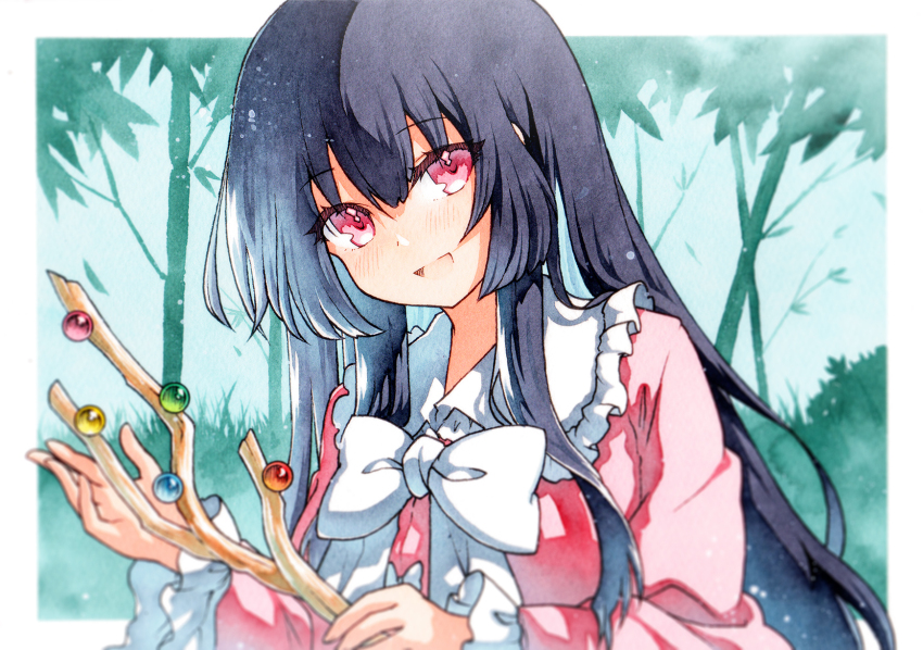 1girl :d bamboo black_hair blush bow bowtie branch collared_shirt frilled_shirt_collar frilled_sleeves frills highres holding holding_branch houraisan_kaguya jeweled_branch_of_hourai long_hair long_sleeves looking_at_viewer open_mouth pink_eyes pink_shirt rinka_(qqqrinkappp) shirt smile solo touhou traditional_media upper_body very_long_hair white_bow white_bowtie wide_sleeves