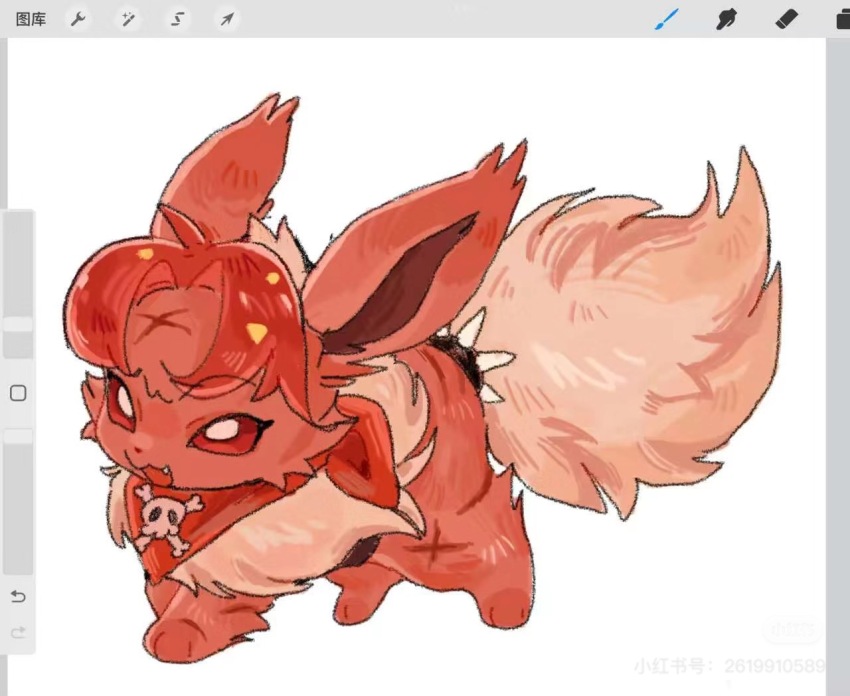 :3 alternate_color alternate_hair_length alternate_hairstyle animalization art_program_in_frame bandana bandana_around_neck border bracelet chili_pepper_cookie clothed_pokemon cookie_run cross_scar curtained_hair ear_tufts eevee fang full_body game_freak gen_1_pokemon grey_border happy jewelry looking_ahead middle_part nintendo no_humans open_mouth pani_5750 pokemon pokemon_(creature) pokemon_focus red_bandana red_eyes red_fur red_hair scar scar_on_face scar_on_forehead scar_on_leg short_hair simple_background skull_print solid_eyes solo spiked_bracelet spikes standing tail tail_ornament three_quarter_view tsurime very_short_hair white_background xiaohongshu_id