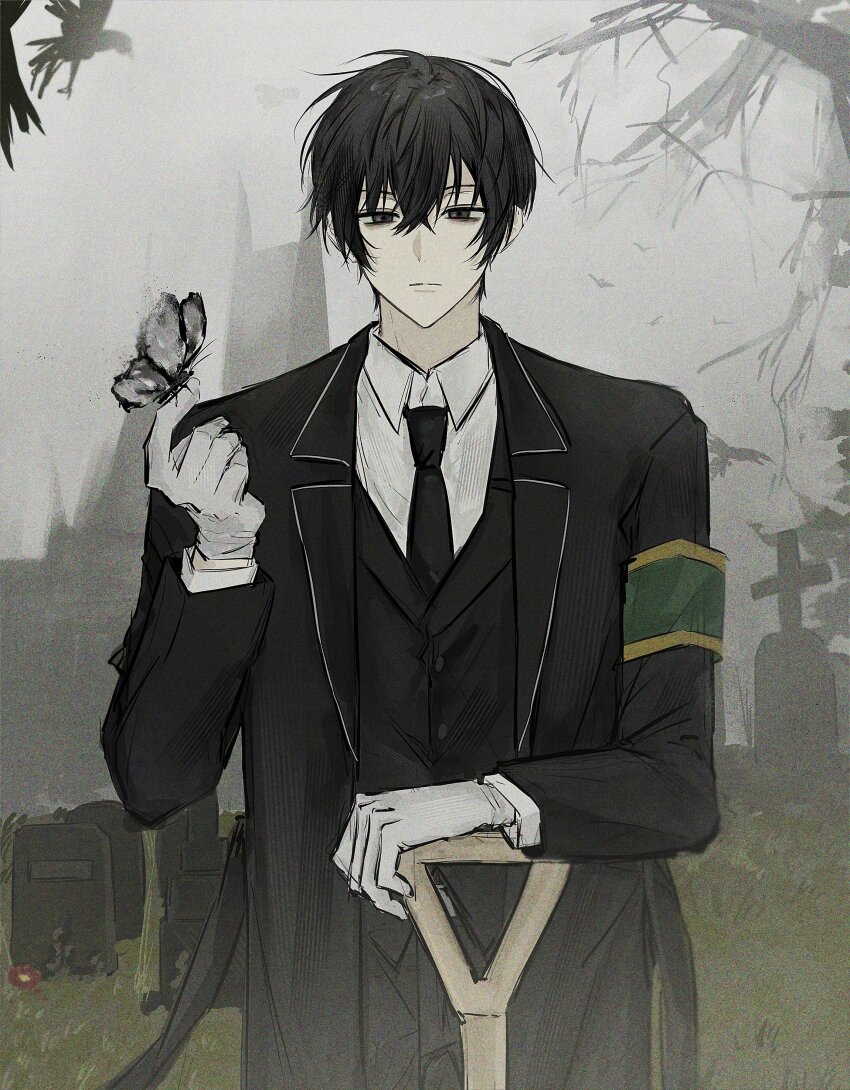 1boy absurdres armband bird black_butterfly black_eyes black_hair black_suit bug butterfly collared_shirt commentary_request crow e.g.o_(project_moon) formal_clothes gloves graveyard green_armband highres holding holding_shovel insect jugiii12 korean_commentary limbus_company project_moon shirt short_hair shovel solemn_lament_(e.g.o) suit white_butterfly white_gloves white_shirt yi_sang_(project_moon)