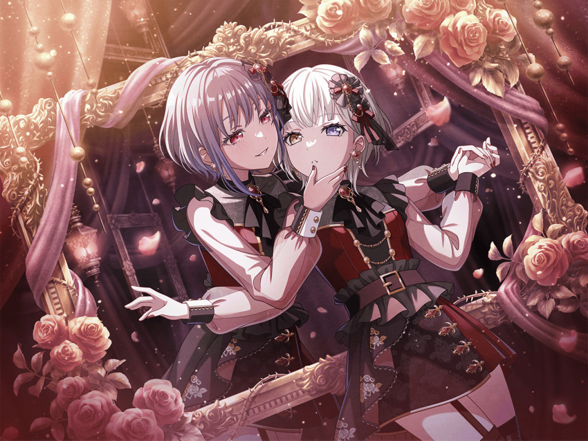 2girls bang_dream! bang_dream!_it&#039;s_mygo!!!!! black_thighhighs blue_eyes blush curtains earrings flower game_cg garter_straps hair_ornament heterochromia holding_hands jewelry kaname_raana long_sleeves multiple_girls nail_polish official_art parted_lips pink_eyes pink_flower pink_rose purple_hair red_nails rose see-through_clothes see-through_sleeves short_hair thighhighs third-party_source white_hair yellow_eyes yuri yuutenji_nyamu