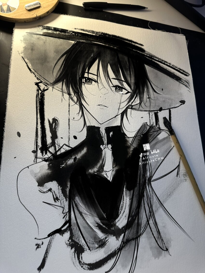 1boy alticute art_tools_in_frame artist_name bilibili_logo calligraphy_brush_(medium) cape cropped_torso genshin_impact greyscale hair_between_eyes hat highres jingasa looking_to_the_side male_focus mandarin_collar monochrome parted_lips pen_(medium) photo_(medium) scaramouche_(genshin_impact) short_hair sideways_glance sketch solo tears tiktok_logo traditional_media wanderer_(genshin_impact)