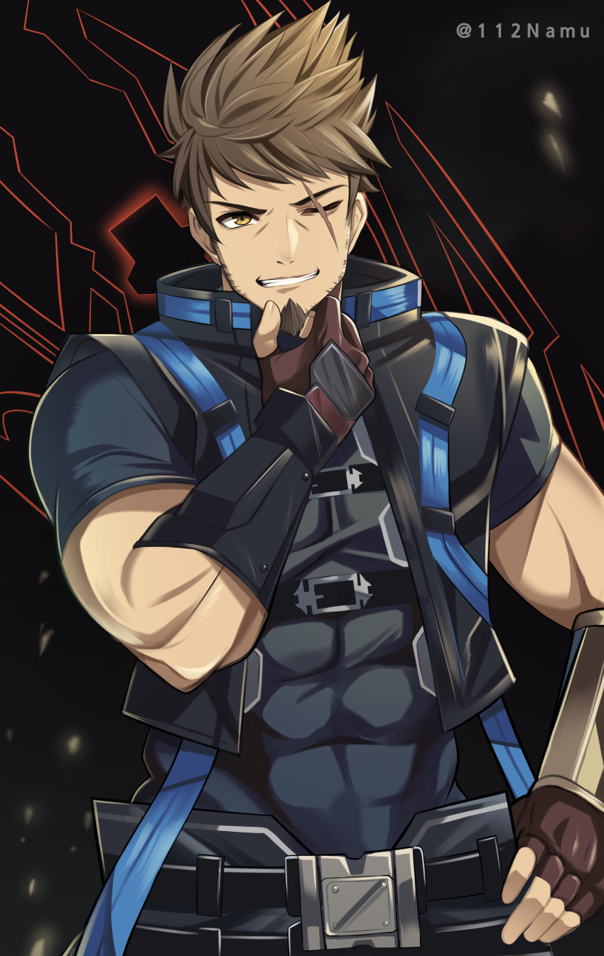 1boy absurdres beard_stubble belt black_jacket brown_eyes brown_gloves brown_hair covered_abs embers facial_hair fingerless_gloves gloves goatee grey_shirt grin hand_on_own_chin hand_on_own_hip highres jacket looking_at_viewer male_focus muscular muscular_male namu_(112namu) one_eye_closed rex_(xenoblade) scar scar_across_eye scar_on_face shirt short_hair simple_background skin_tight sleeveless sleeveless_jacket smile solo stroking_own_chin stubble twitter_username upper_body xenoblade_chronicles_(series) xenoblade_chronicles_3