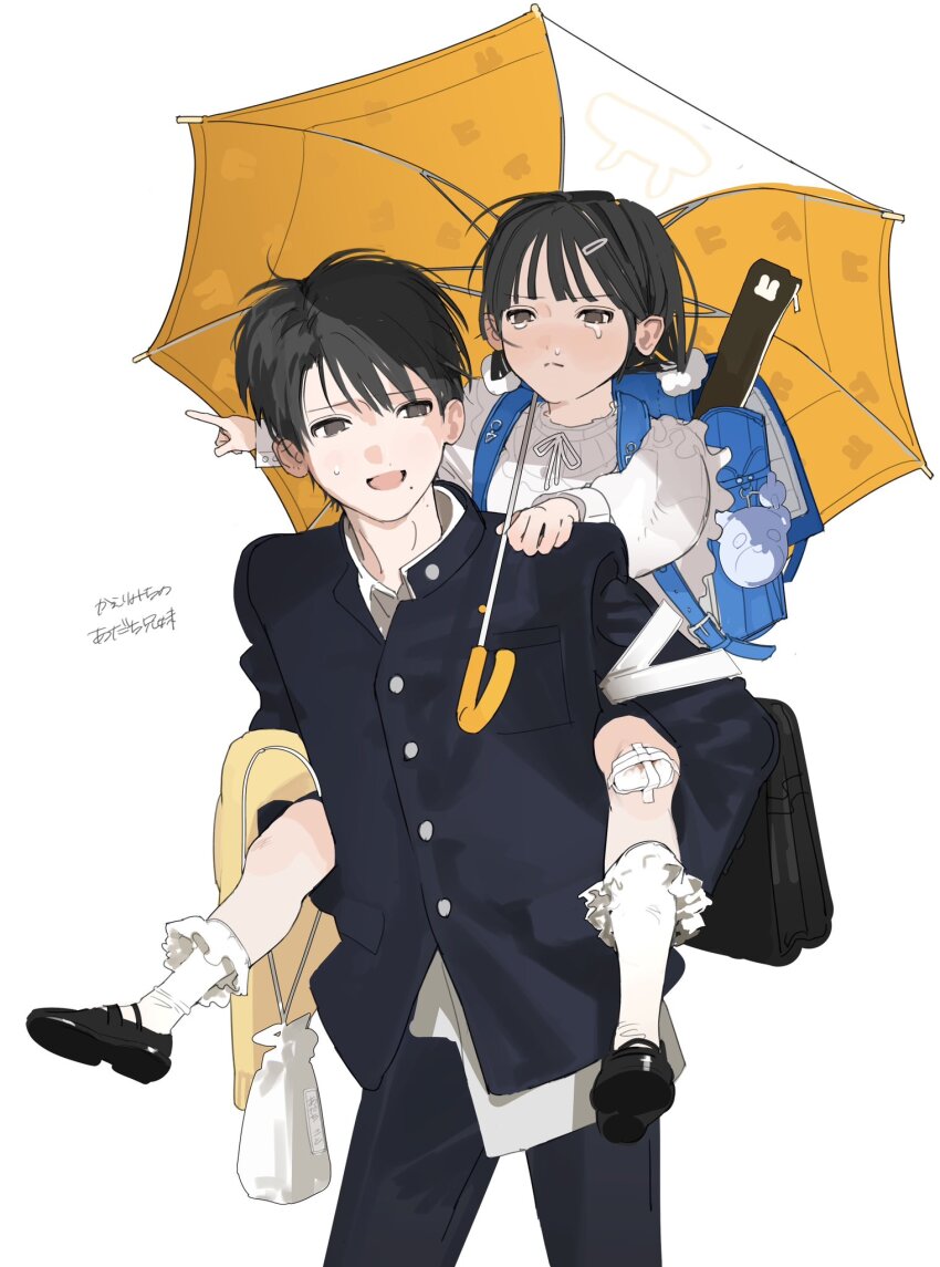 1boy 1girl adachi_koto_(junro) age_difference backpack bag bandaid bandaid_on_leg bishounen black_bag black_eyes black_footwear black_hair black_jacket black_pants blue_bag blunt_bangs bobby_socks brother_and_sister carrying child choppy_bangs closed_mouth frilled_socks frills furrowed_brow gakuran hair_ornament hair_scrunchie hand_on_another&#039;s_shoulder highres injury jacket junro light_frown looking_ahead looking_to_the_side mary_janes mole mole_under_mouth open_mouth orange_umbrella original pants piggyback pointing school_uniform scrunchie shirt shirt_partially_tucked_in shoes short_hair shoulder_bag siblings simple_background snot socks standing sweatdrop sweater tearing_up twintails white_background white_scrunchie white_shirt white_socks white_sweater