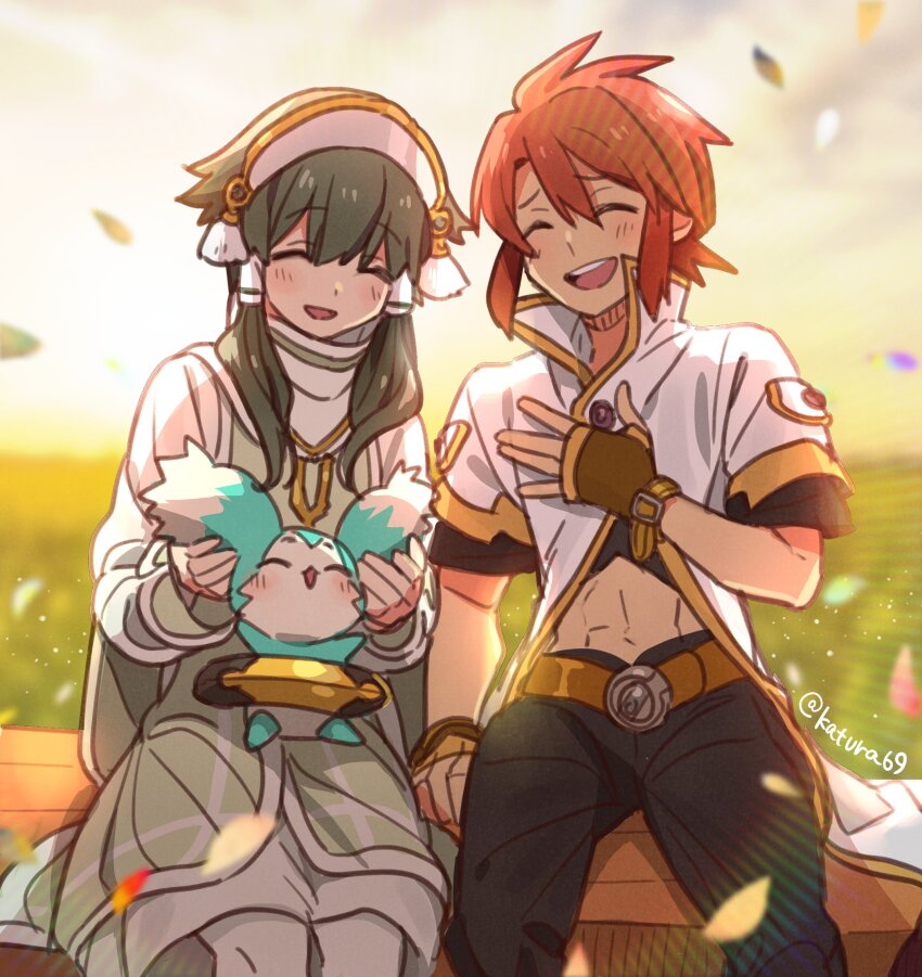 2boys abs belt black_pants blurry blurry_background blush brown_gloves closed_eyes commentary_request creature cropped_shirt fingerless_gloves gloves green_hair hairband happy high_collar highres holding ion_(tales) jacket katsura_ichiho leaf long_sleeves luke_fon_fabre mieu_(tales) multiple_boys open_mouth outdoors pants red_hair short_hair short_sleeves sidelocks sitting smile sunlight tales_of_(series) tales_of_the_abyss teeth tunic twitter_username upper_teeth_only white_jacket