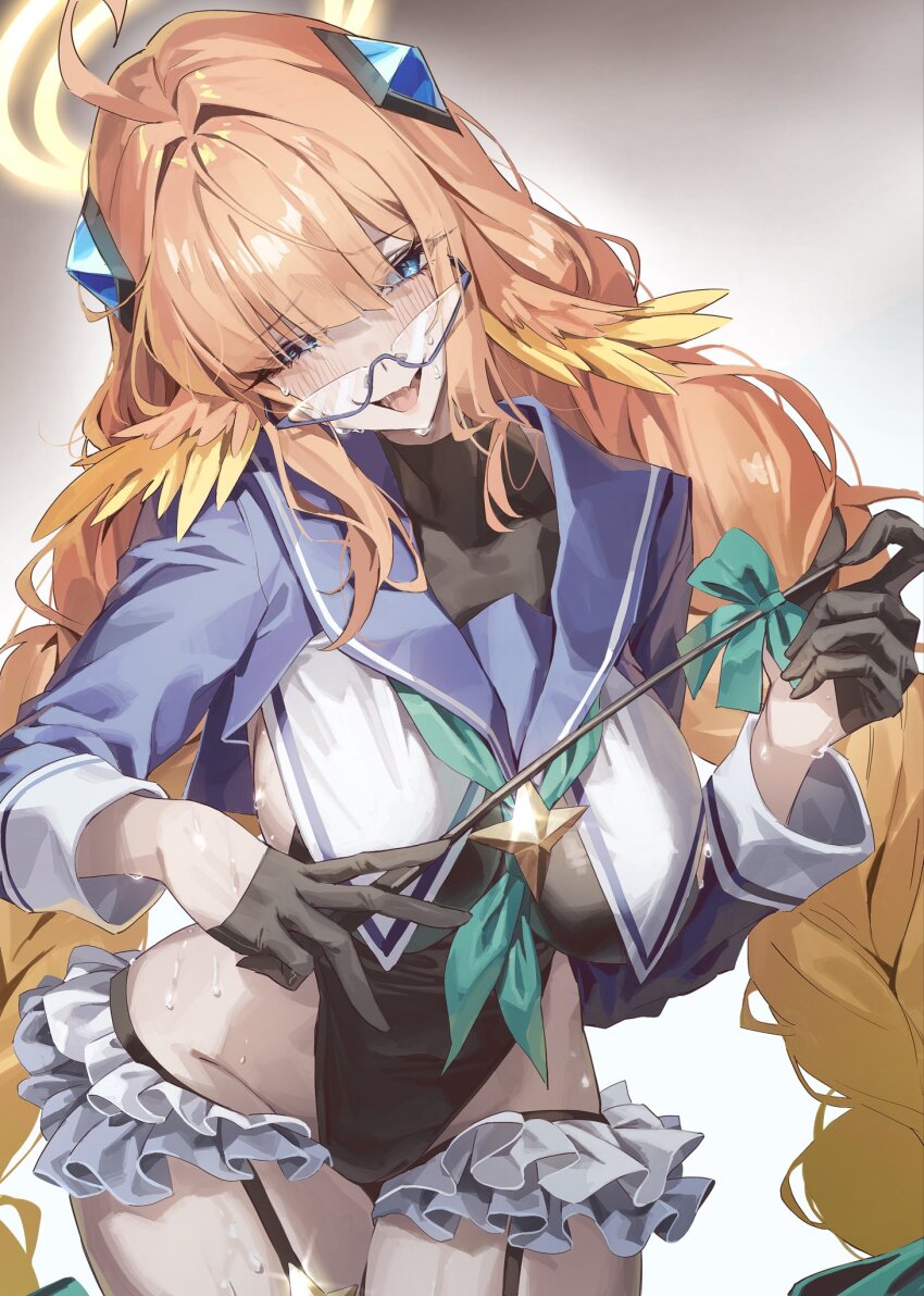 1girl ahoge black_garter_straps black_gloves black_leotard blue_archive blue_sailor_collar bow breasts garter_straps gloves green_bow green_neckerchief hair_bow half_gloves head_wings highres large_breasts leotard long_hair neckerchief netural official_alternate_costume open_mouth orange_hair sailor_collar shimiko_(blue_archive) shimiko_(magical)_(blue_archive) smile solo very_long_hair wings