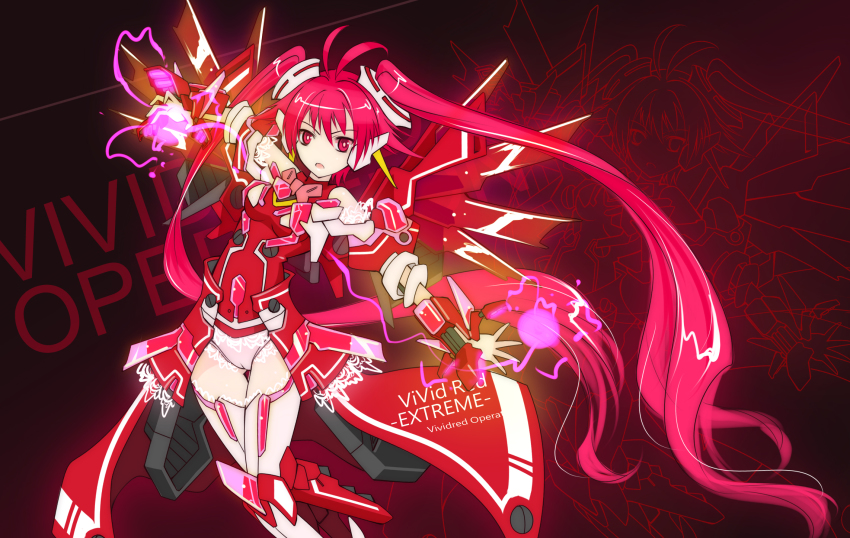 1girl antenna_hair boots dress energy energy_ball highres leotard long_hair looking_at_viewer mecha_musume mechanical_wings open_clothes open_skirt panties pink_panties raptor7 red_background red_dress red_eyes red_hair simple_background skirt standing text_focus thigh_boots thighhighs twintails underwear very_long_hair vividred vividred_operation white_footwear white_thighhighs wings