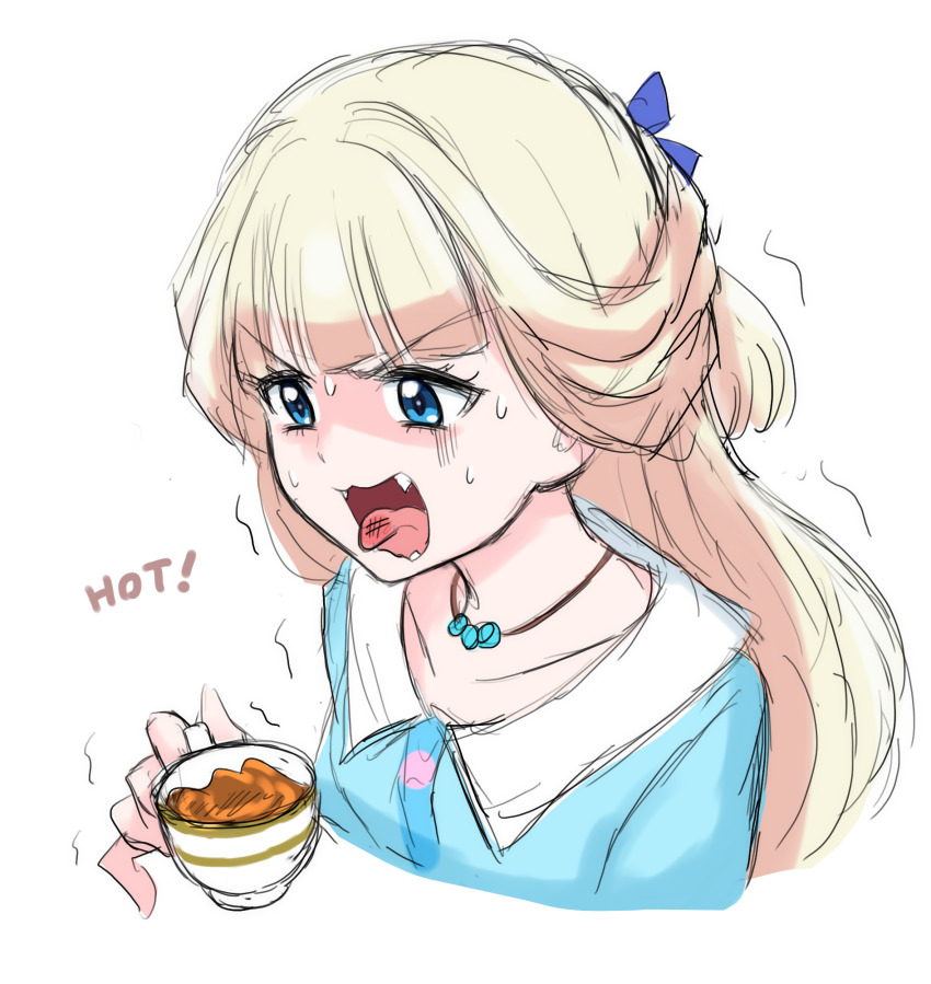 bead_necklace beads blonde_hair blue_eyes bow cat&#039;s_tongue commentary_request hair_bow highres hot jewelry necklace nekoyashiki_yuki pain precure sketch sweat tea tongue tongue_out wonderful_precure! zerolay