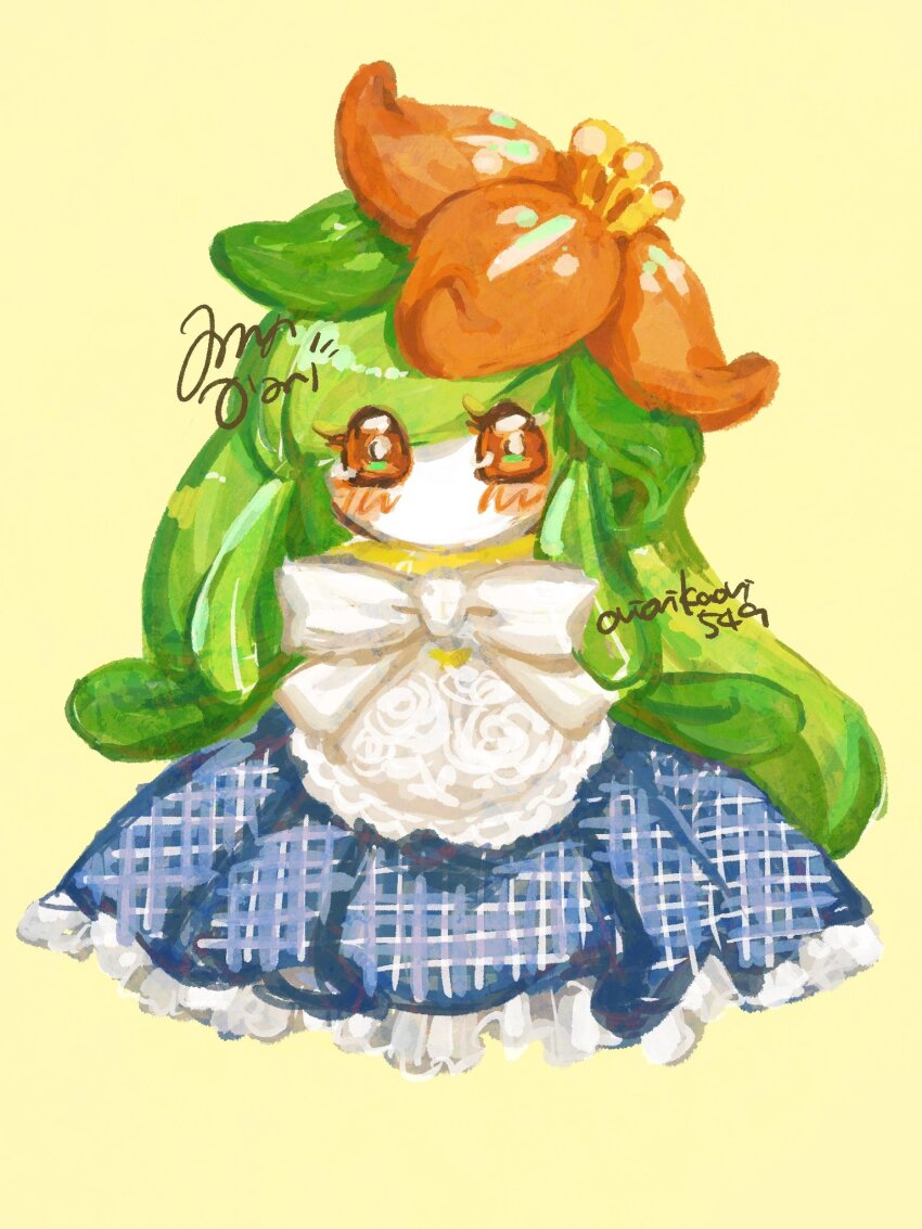 apron blush colored_skin dress eyelashes flower frills gen_5_pokemon highres lilligant monster_girl no_mouth orange_eyes orange_flower plant_girl ribbon signature simple_background white_apron white_ribbon white_skin